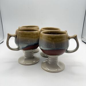 Studio Art Pottery Footed Coffee Mug Cup Unique Blue Beige Brown - Set 4